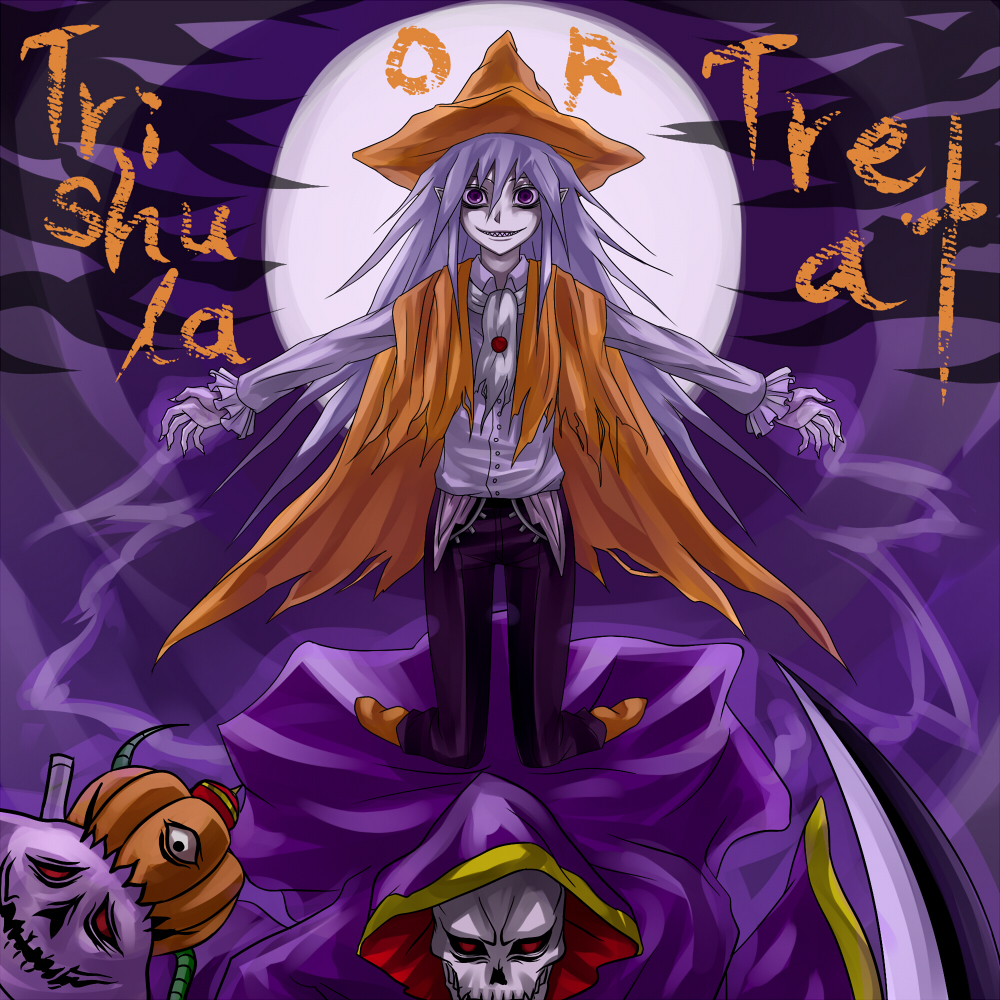 1boy, duel_monster, halloween, hat, long_sleeves, moon, pants, pumpkin
