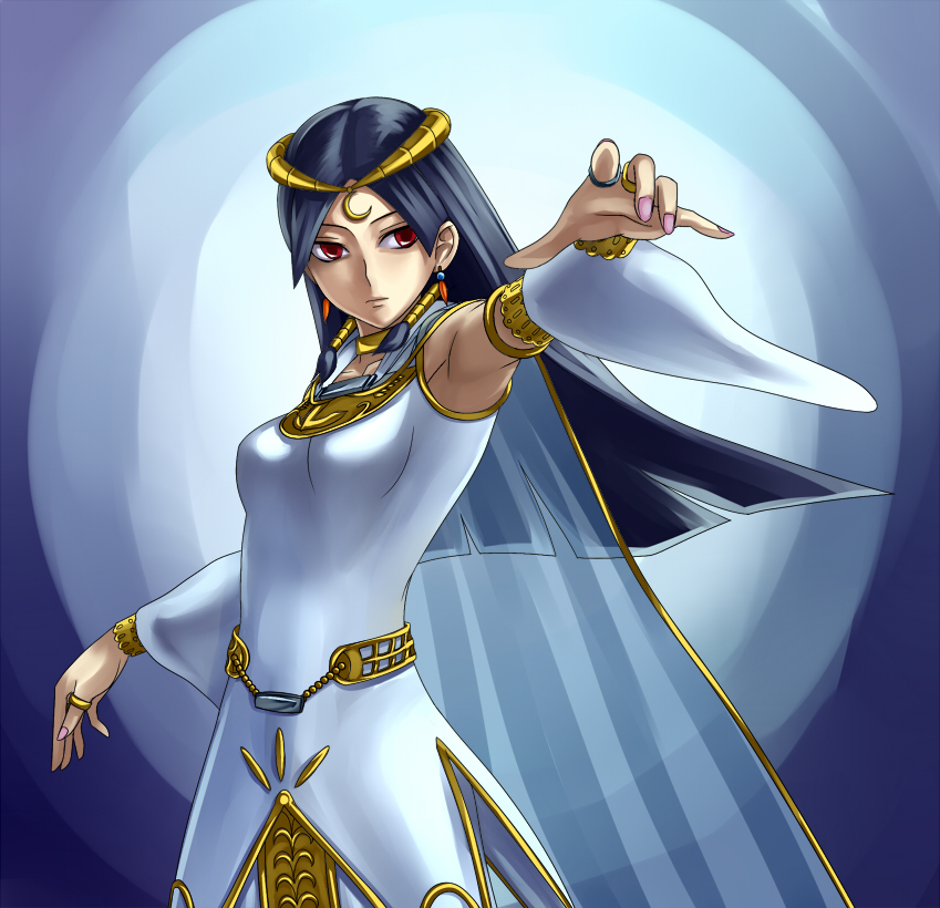 black_hair, duel_monster, jewelry, lightsworn, long_hair, lyla_lightsworn_sorceress, red_eyes, sukumo_(kemutai)