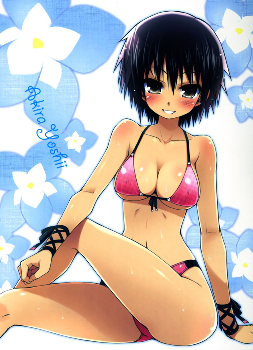 1girl, arm_support, baka_to_test_to_shoukanjuu, bare_shoulders, bikini, black_eyes, black_hair, blush, breasts, cleavage, crossed_legs, female_focus, front-tie_top, grin, haga_yui, highres, legs, looking_at_viewer, navel, ribbon, short_hair, sitting, smile, solo, swimsuit, underboob, wrist_ribbon, yoshii_akira
