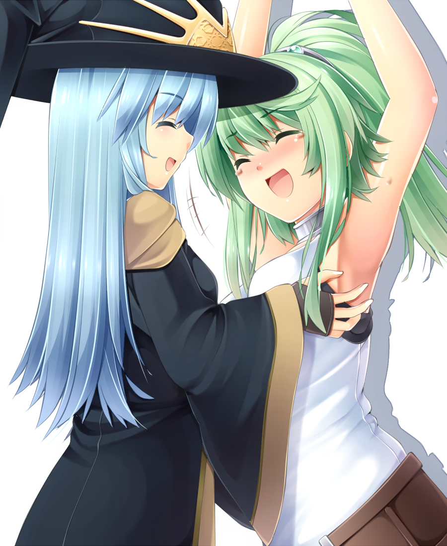 2girls, ariel_(yu-gi-oh!), bad_id, bad_pixiv_id, blue_hair, blush, breasts, closed_eyes