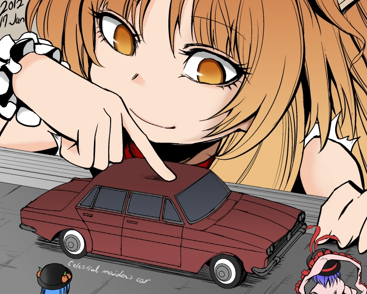 3girls, blue_hair, brown_eyes, brown_hair, car, english_text, female_focus, giant