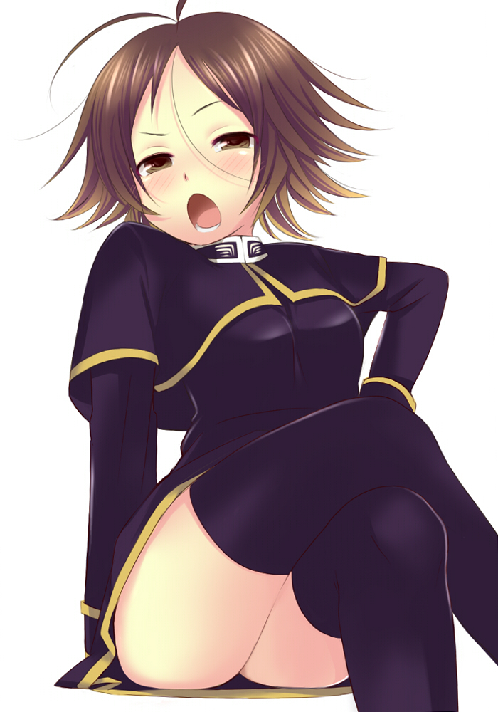 1girl, ahoge, bad_id, bad_pixiv_id, black_thighhighs, blush, brown_eyes, brown_hair, crossed_legs, female_focus, gender_request, genderswap, looking_at_viewer, mouri_motonari_(sengoku_basara), msp_sammy, open_mouth, sengoku_basara, short_hair, simple_background, sitting, solo, thighhighs, white_background