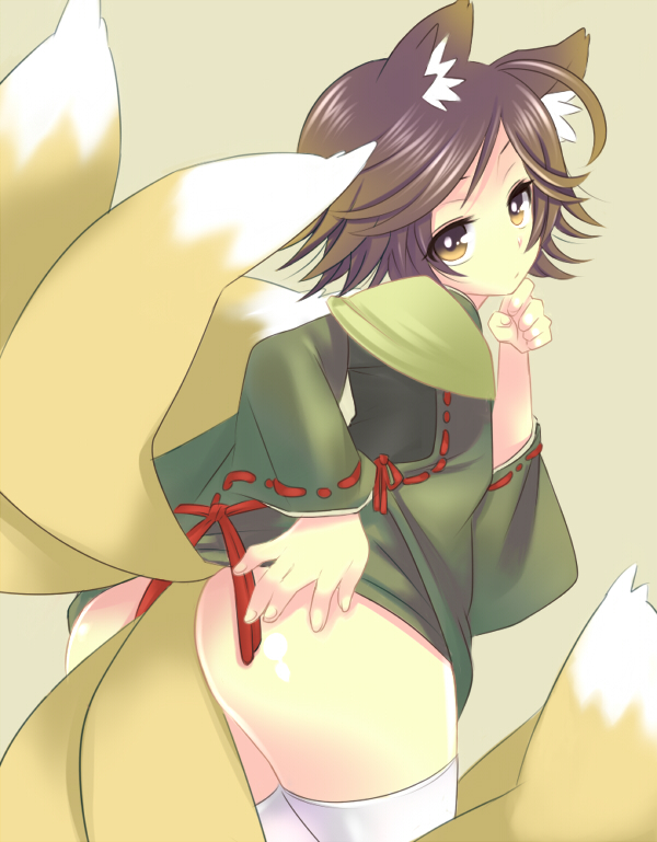 1boy, ahoge, androgynous, animal_ears, ass, ass_focus, bad_id, bad_pixiv_id, brown_hair, fox_ears, fox_tail, from_behind, male_focus, mouri_motonari_(sengoku_basara), msp_sammy, multiple_tails, sengoku_basara, solo, tail, thighhighs, trap, white_thighhighs, yellow_eyes