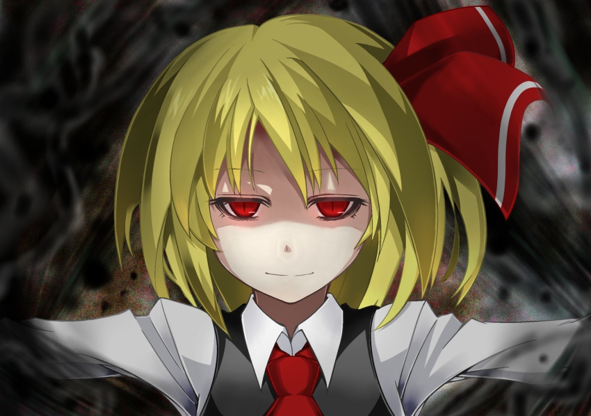 1girl, blonde_hair, female_focus, highres, looking_at_viewer, outstretched_arms, red_eyes, rumia