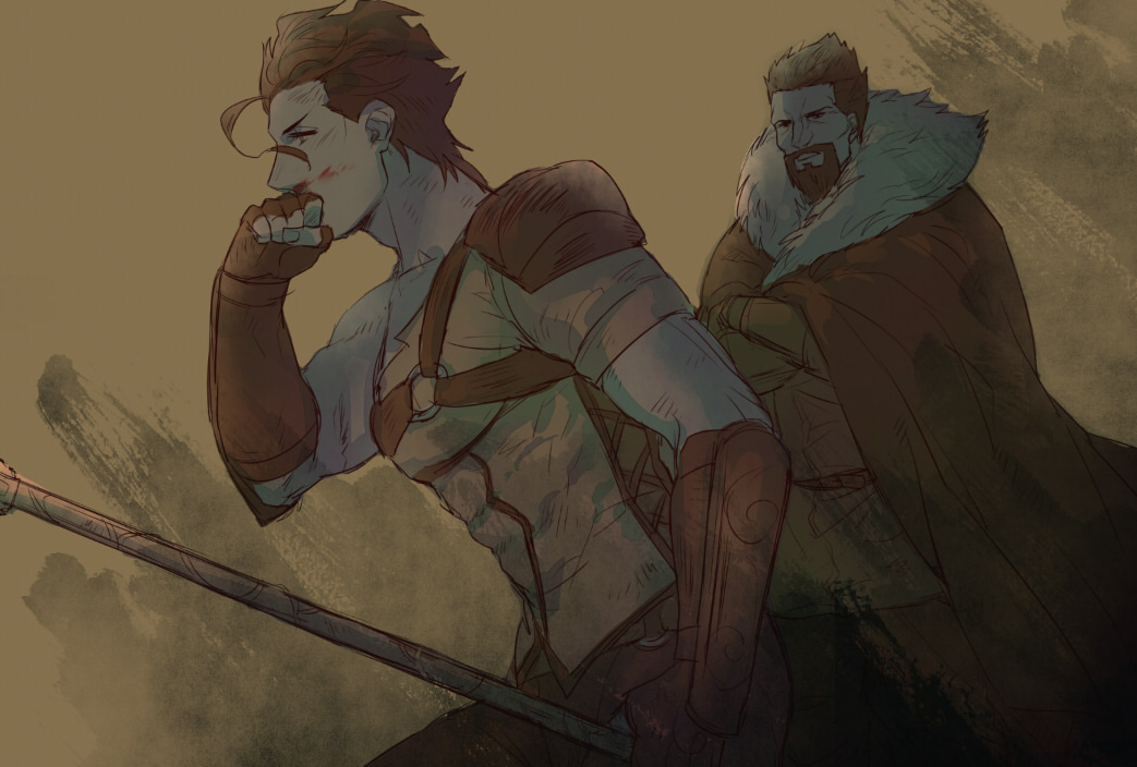 2boys, ahoge, beard, black_hair, blood, blood_on_face, cape, diarmuid_ua_duibhne_(fate)