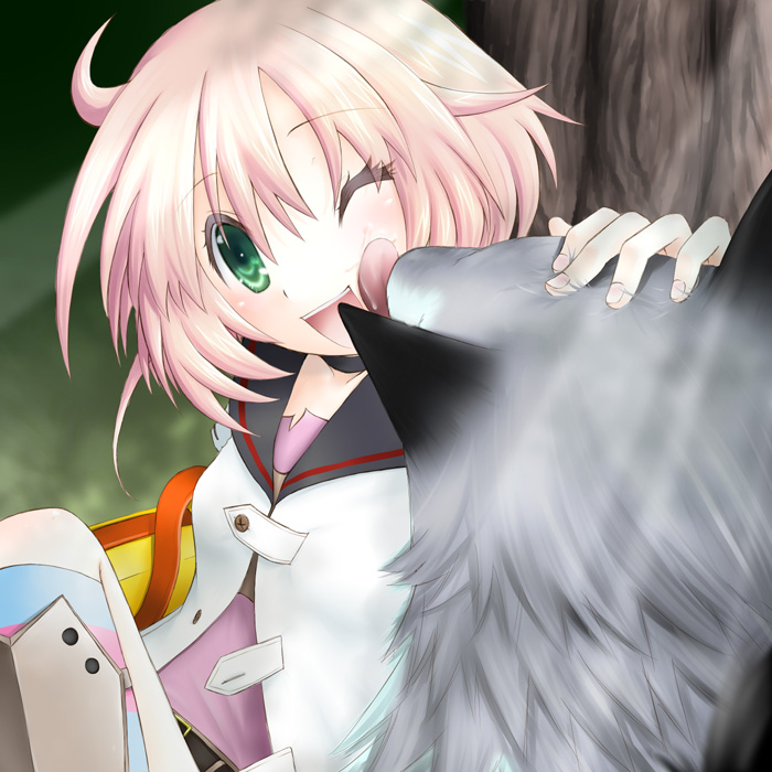 1girl, ;d, ahoge, animal, armor, atlus, bag, belt