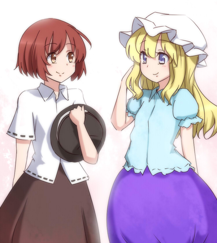 2girls, blouse, blue_eyes, brown_eyes, brown_hair, female_focus, hat, unworn_hat