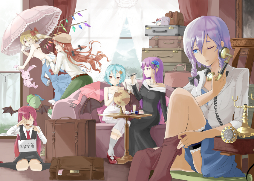 >_<, 6+girls, :3, :p, alternate_costume, ass, bat_wings, black_legwear, blonde_hair, blue_eyes, blue_flower, blue_hair, blue_rose, bow, braid, casual, closed_eyes, clothes_pull, contemporary, corded_phone, dressing, emerane, female_focus, flandre_scarlet, flower, globe, hair_bow, hair_flower, hair_ornament, head_wings, hong_meiling, izayoi_sakuya, jewelry, kamishirasawa_keine, kawashiro_nitori, kawashiro_nitori_(kappa), koakuma, long_hair, makeup, multiple_girls, necklace, one_eye_closed, panties, pantyhose, pantyhose_pull, patchouli_knowledge, phone, purple_eyes, purple_hair, red_eyes, red_hair, remilia_scarlet, rose, short_hair, sitting, striped_clothes, striped_panties, stuffed_animal, stuffed_rabbit, stuffed_toy, suitcase, sukusuku_hakutaku, tears, teddy_bear, tongue, tongue_out, topless_female, touhou, translation_request, twin_braids, underwear, wariza, wings, wink, yukkuri_shiteitte_ne