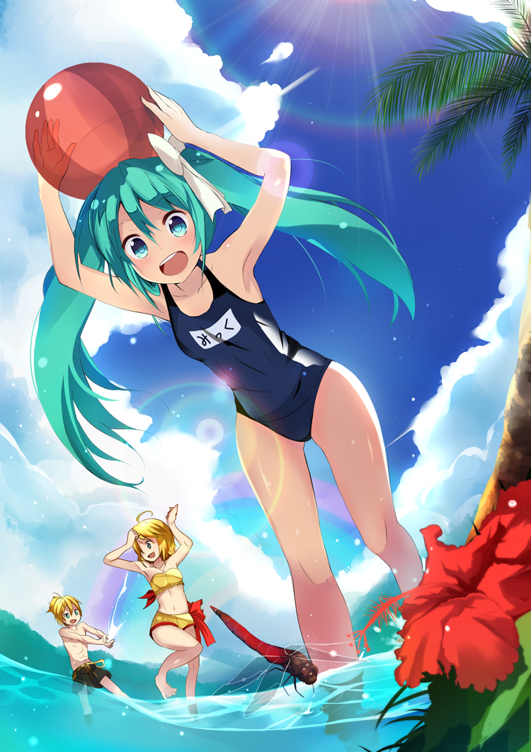 1boy, 2girls, aqua_eyes, aqua_hair, arms_up, ball, blonde_hair, bug