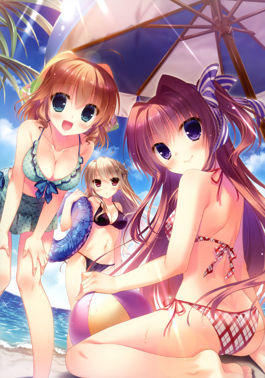 3girls, :d, absurdres, aqua_eyes, ass, azuse_matsuri, ball, bare_shoulders