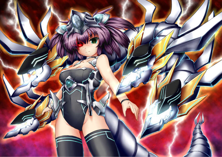 bodysuit, breasts, chimeratech_overdragon, cleavage, duel_monster, green_eyes, highres, multiple_heads, purple_hair, red_eyes, tail, thighhighs, yu-gi-oh!, yuu-gi-ou, yu-gi-oh!_duel_monsters, zheyi_parker