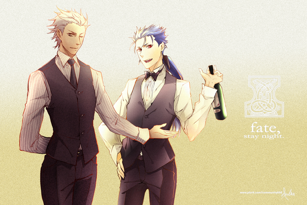 2boys, archer_(fate), bad_id, bad_pixiv_id, blue_hair, bottle, bow, bowtie