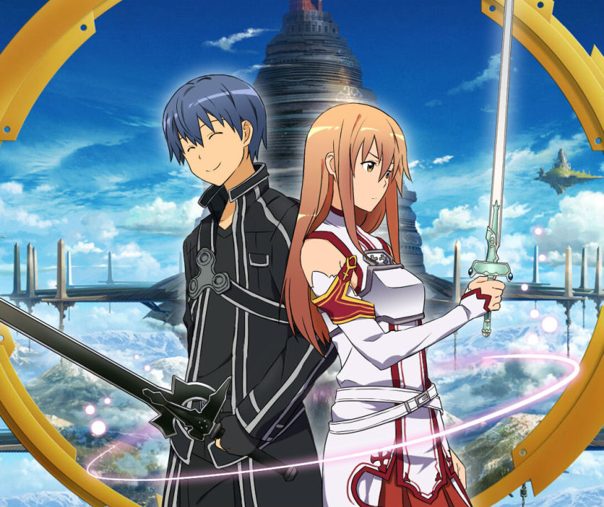 1girl, 2boys, a-1_pictures, adachi_shingo_(person), aincrad, armor, asuna_(sao), asuna_(sao)_(cosplay)