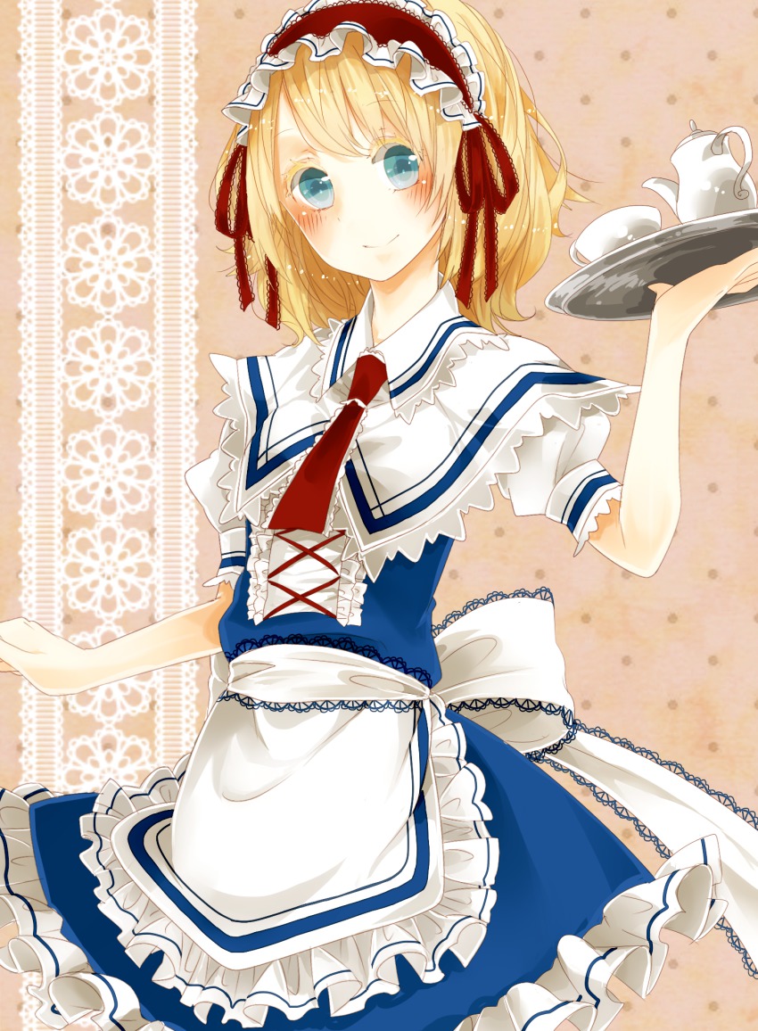 1girl, 817nono, adapted_costume, alice_margatroid, apron, bad_id, bad_pixiv_id, blonde_hair