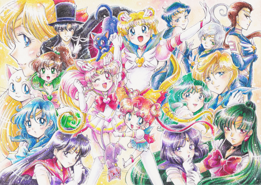 1990s_(style), 1boy, 6+girls, aino_minako, artemis_(sailor_moon), bishoujo_senshi_sailor_moon, bishoujo_senshi_sailor_moon_s, bishoujo_senshi_sailor_moon_sailor_stars