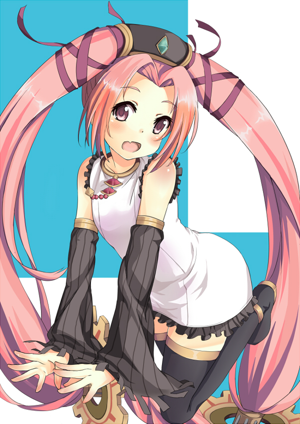 1girl, :o, black_thighhighs, boots, detached_sleeves, eiyuu_densetsu, falcom, female_focus, full_body, long_hair, low-tied_long_hair, nayuta_no_kiseki, noi_(eiyuu_densetsu), noi_(nayuta_no_kiseki), pink_eyes, pink_hair, skirt, solo, thigh_boots, thighhighs, ttk_(kirinottk), twintails