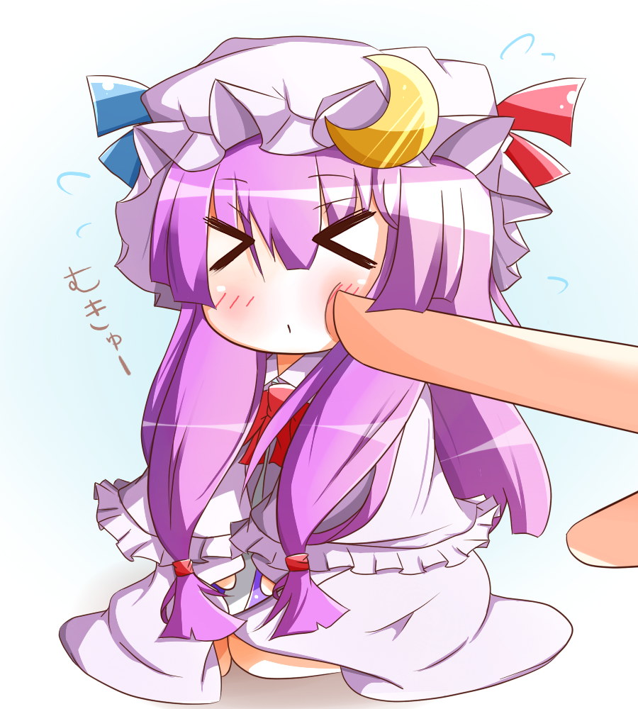 >_<, 1girl, capelet, cheek_poking, closed_eyes, crescent, ehimedaisuki, female_focus