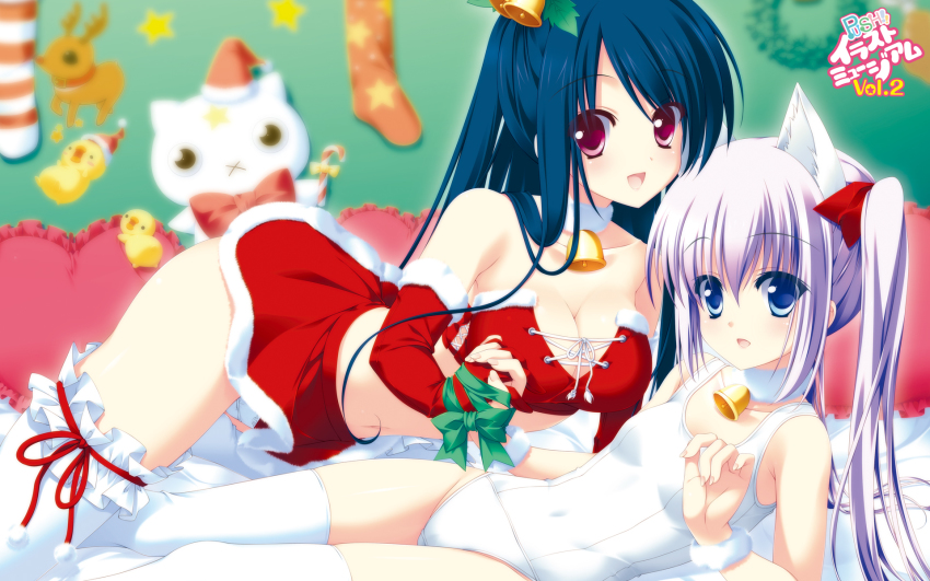 2girls, animal_ears, bare_shoulders, bell, blue_eyes, blue_hair, blurry, breasts, cat_ears, cleavage, depth_of_field, elbow_gloves, frilled_legwear, gloves, hair_bell, hair_ornament, hatori_piyoko, highres, holding_hands, interlocked_fingers, jingle_bell, kusunoki_yao, large_breasts, light_purple_hair, long_hair, looking_at_viewer, midriff, multiple_girls, navel, old_school_swimsuit, one-piece_swimsuit, panties, red_eyes, red_gloves, ribbon, school_swimsuit, skirt, smile, strawberry_nauts, swimsuit, thighhighs, twintails, underwear, white_legwear, white_one-piece_swimsuit, white_panties, white_school_swimsuit, yatsuka_itsuki
