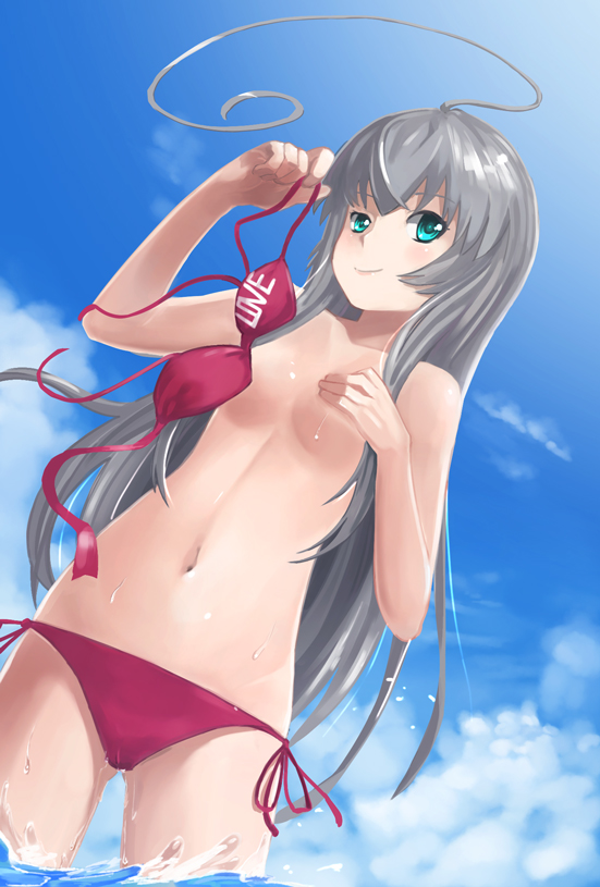 1girl, ahoge, aqua_eyes, bad_id, bad_pixiv_id, bikini, breasts, collarbone