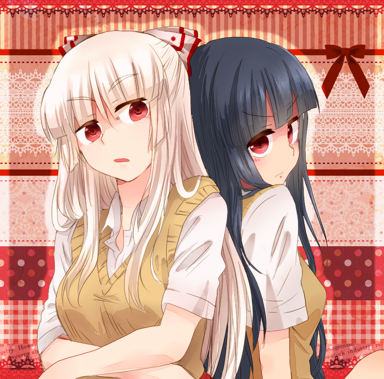 2girls, alternate_costume, back-to-back, black_hair, bow, crossed_arms, female_focus, frown
