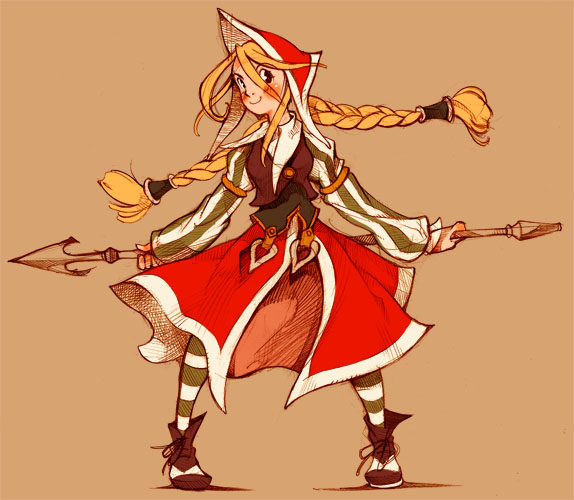 1girl, blonde_hair, braid, brown_background, cordelia_(saga), cordelia_(saga_frontier_2), dress, full_body