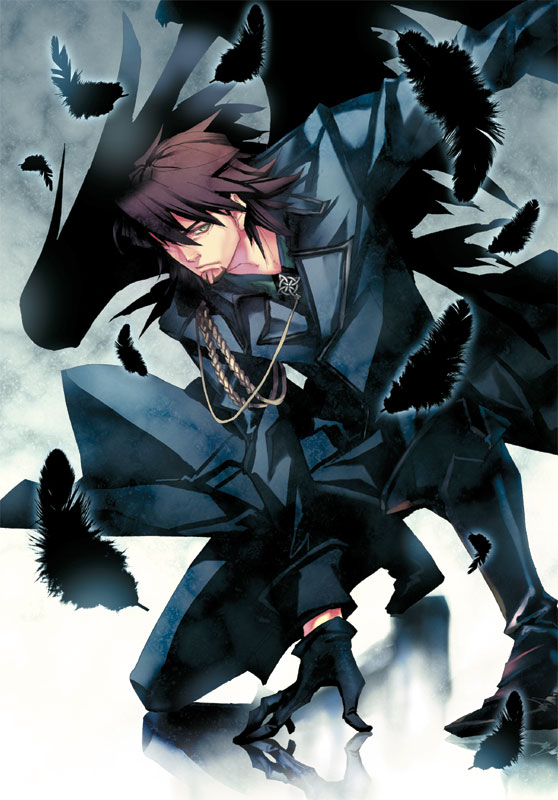 10s, 1boy, alternate_costume, bad_id, bad_pixiv_id, black_gloves, black_wings, brown_eyes, brown_hair, facial_hair, feathers, gloves, glowing, hair_over_one_eye, kaburagi_t._kotetsu, male_focus, military, military_uniform, solo, stubble, tiger_&amp;_bunny, wings, yamatsuki_sou