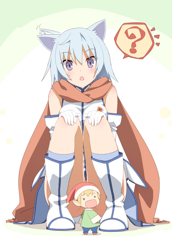 10s, 1boy, 1girl, :o, ?, afterimage, animal_ears, blue_eyes, blue_hair, blush, boots, censored, convenient_censoring, ear_wiggle, fairy, fairy_(jintai), gloves, jinrui_wa_suitai_shimashita, kani_biimu, looking_back, motion_lines, no_panties, pion_(jintai), pointy_ears, red_scarf, scarf, squatting