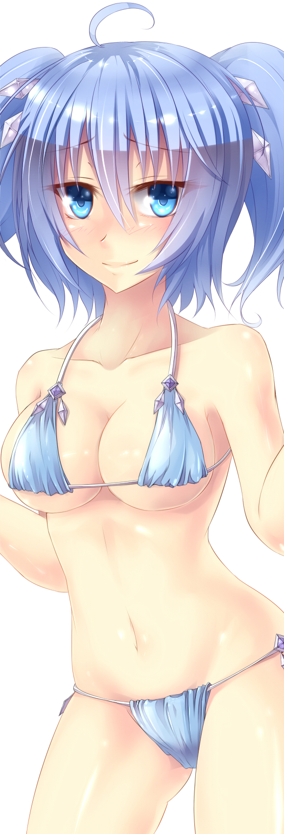 1girl, bikini, blue_eyes, blue_hair, blush, breasts, dance_princess_of_the_ice_barrier, duel_monster, female_focus, hair_ornament, highres, matching_hair/eyes, shintani_tsushiya, short_hair, simple_background, smile, solo, swimsuit, twintails, white_background, yu-gi-oh!, yu-gi-oh!_duel_monsters