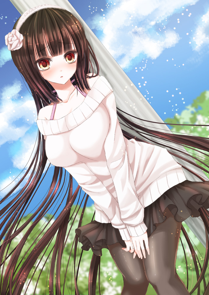 1girl, black_hair, black_pantyhose, blush, collarbone, female_focus, flower, hair_flower