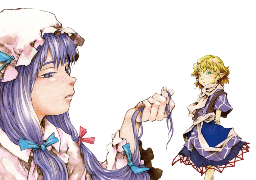 2girls, earrings, female_focus, green_eyes, hat, jewelry, long_hair, mizuhashi_parsee