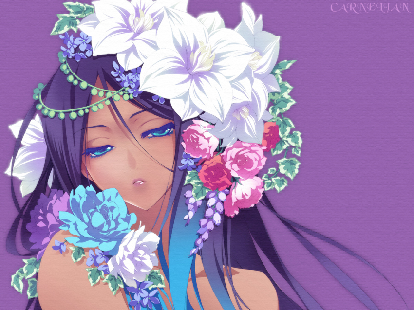 1girl, artist_name, bad_id, bad_pixiv_id, blue_eyes, carnelian, colored_eyelashes, dark-skinned_female, dark_skin, female_focus, flower, gradient_hair, hair_flower, hair_ornament, lips, long_hair, merli_(vocaloid), multicolored_hair, parted_lips, purple_background, purple_hair, solo, upper_body, vocaloid