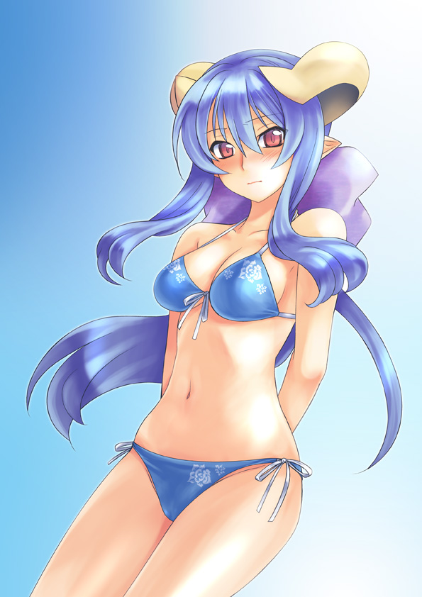 1girl, arms_behind_back, bikini, blue_bikini, blue_hair, breasts, cleavage, female_focus