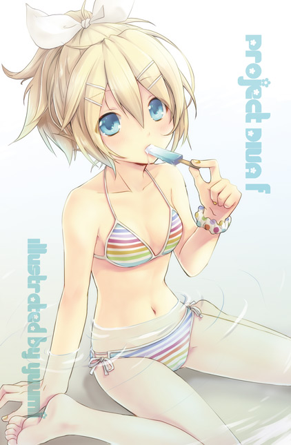 1girl, barefoot, bikini, blonde_hair, blue_eyes, female_focus, food, kagamine_rin, kagamine_rin_(striped_bikini), long_hair, multicolored_stripes, natsumi_yuu, navel, partially_submerged, ponytail, popsicle, project_diva_(series), project_diva_f, scrunchie, sitting, solo, striped_bikini, striped_clothes, submerged, summer_idol_(vocaloid), swimsuit, vocaloid, wariza, water, wrist_scrunchie