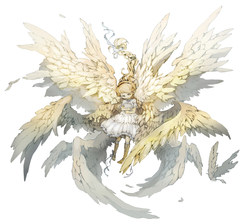 1girl, bird, blonde_hair, book, boots, braid, demizu_posuka, dress