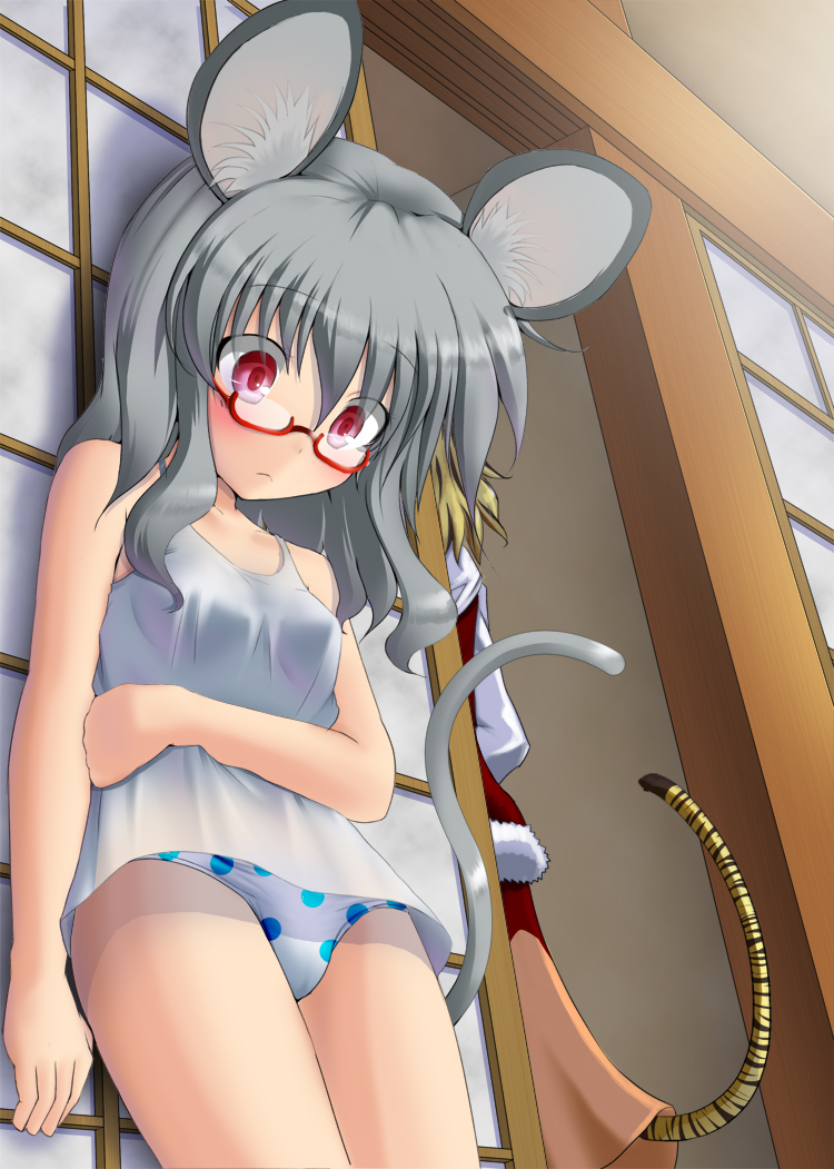 2girls, animal_ears, basa_rutan, bespectacled, blonde_hair, blush, cyan0114, female_focus, glasses, grey_hair, kemonomimi_mode, mouse_ears, mouse_tail, multiple_girls, nazrin, panties, polka_dot, polka_dot_panties, red-framed_eyewear, red_eyes, semi-rimless_eyewear, short_hair, tail, tiger_tail, toramaru_shou, touhou, under-rim_eyewear, underwear