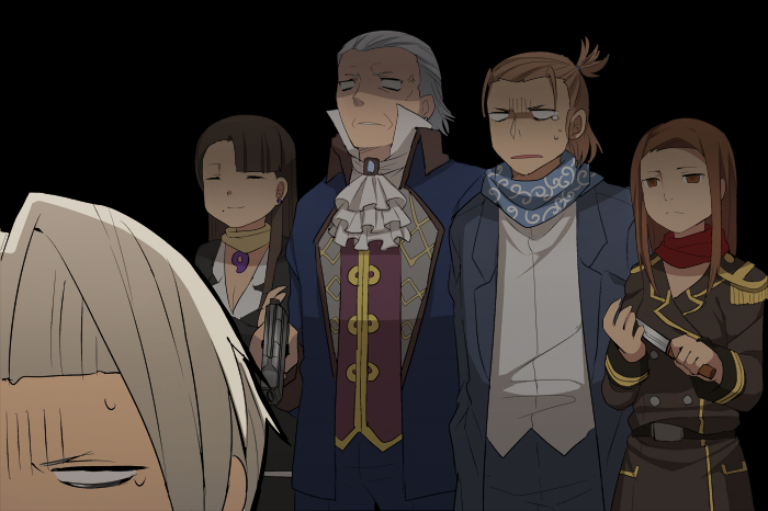 2girls, 3boys, ^_^, ace_attorney, ace_attorney_investigations, ace_attorney_investigations:_miles_edgeworth, anger_vein, angry, ascot, bandana, belt, black_background, black_hair, brown_eyes, brown_hair, byrne_faraday, capcom, closed_eyes, dark, earrings, empty_eyes, epaulettes, formal_clothes, grey_hair, gun, hair_intakes, height_difference, impending_doom, itou_(mogura), jacket, jewelry, knife, lana_skye, long_hair, magatama, manfred_von_karma, mia_fey, miles_edgeworth, mole, mole_under_mouth, multiple_boys, multiple_girls, open_clothes, open_jacket, open_mouth, pants, phoenix_wright:_ace_attorney, ponytail, scarf, shaded_face, short_ponytail, simple_background, smile, suit, sweat, tears, time_paradox, uniform, weapon, white_hair