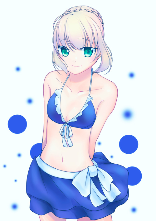1girl, ahoge, alternate_costume, arms_behind_back, artoria_pendragon_(fate), bikini, bikini_top_only, blonde_hair, blue_bikini, breasts, cleavage, collarbone, fate/stay_night, fate_(series), female_focus, frills, front-tie_top, green_eyes, kazashino, light_smile, saber_(fate), skirt, small_breasts, solo, swimsuit