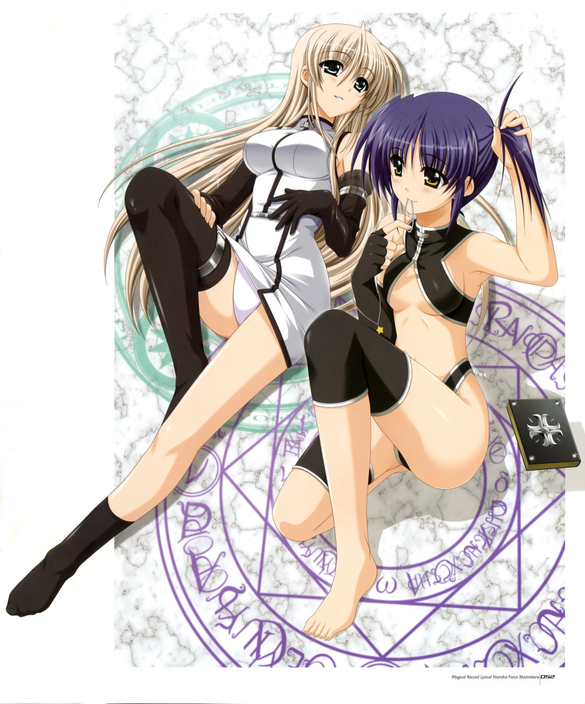 2girls, absurdres, adjusting_hair, barefoot, black_eyes, book, breasts, brown_hair