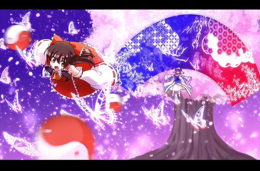 2girls, ascot, battle, blurry, blush, bow, brown_eyes, brown_hair