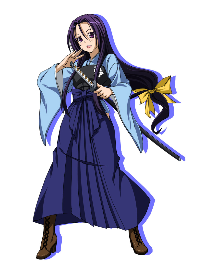 1girl, akechi_mitsuhide_(oda_nobuna_no_yabou), blue_hakama, boots, female_focus, flower, full_body, hair_ribbon, hakama, hakama_skirt, japanese_clothes, katana, long_hair, low-tied_long_hair, meiji_schoolgirl_uniform, oda_nobuna_no_yabou, open_mouth, oukasirayami, purple_eyes, purple_hair, ribbon, skirt, solo, sword, weapon, white_background