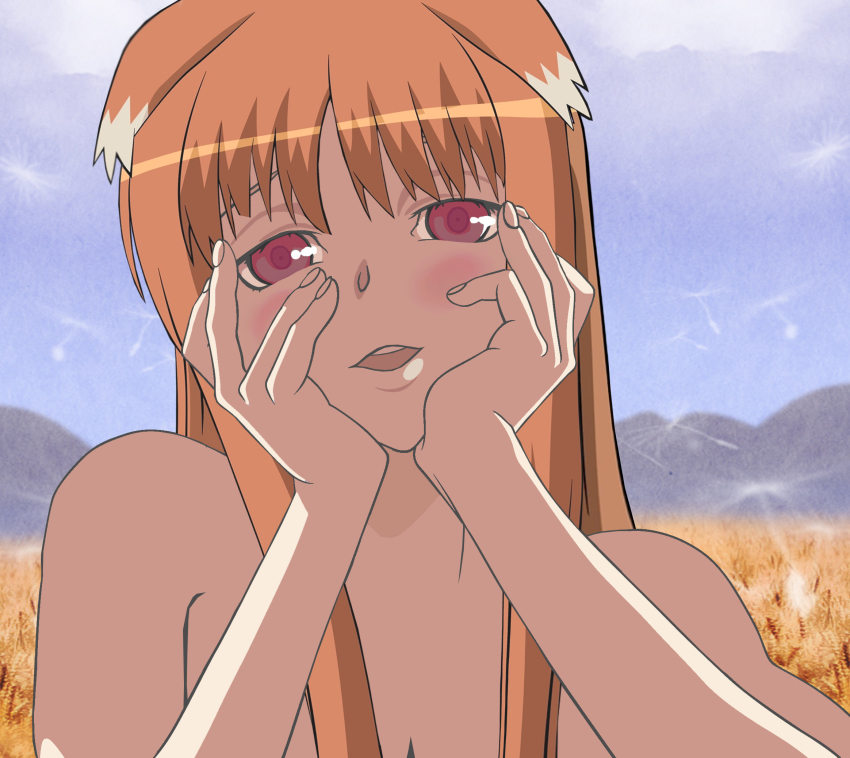 1girl, animal, animal_ears, brown_hair, cloud, dandelion_seed, female_focus, highres, holo, long_hair, mirai_nikki, mountainous_horizon, orange_hair, outdoors, parody, red_eyes, sky, solo, spice_and_wolf, wheat, wheat_field, wheat_grass, wolf_ears, yandere, yandere_trance