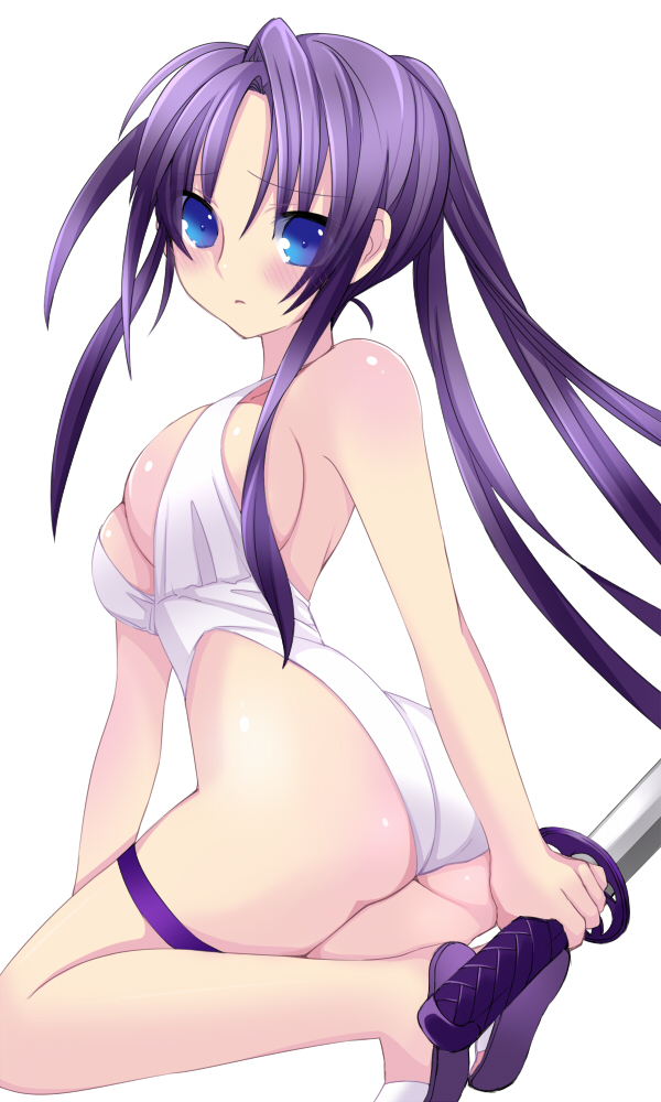 1girl, ass, bare_shoulders, blush, body_blush, breasts, casual_one-piece_swimsuit, cleavage