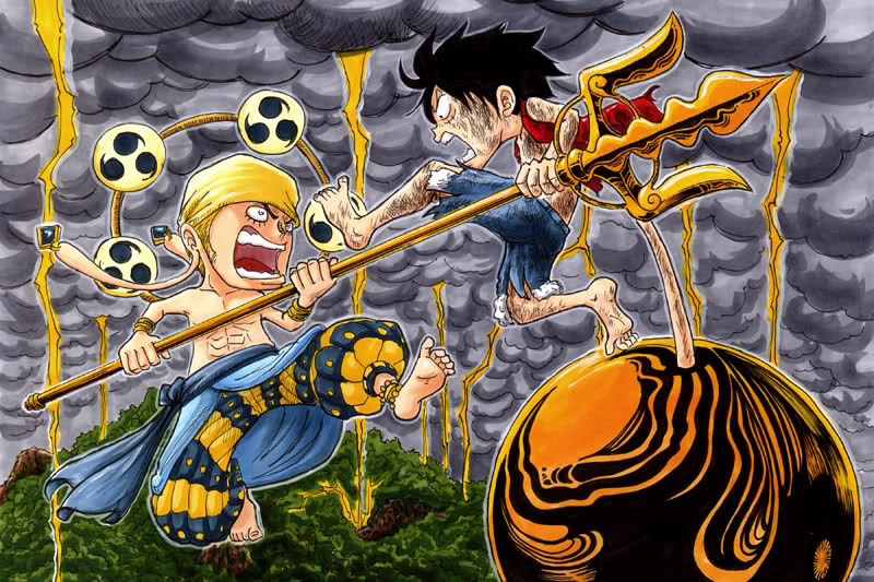2boys, bangle, barefoot, black_hair, bracelet, chibi, earrings, electricity, enel, fighting, gold, jewelry, lightning, male_focus, monkey_d._luffy, multiple_boys, one_piece, rubber, sash, sceney, topless_male, skypiea, storm, torn_clothes, weapon