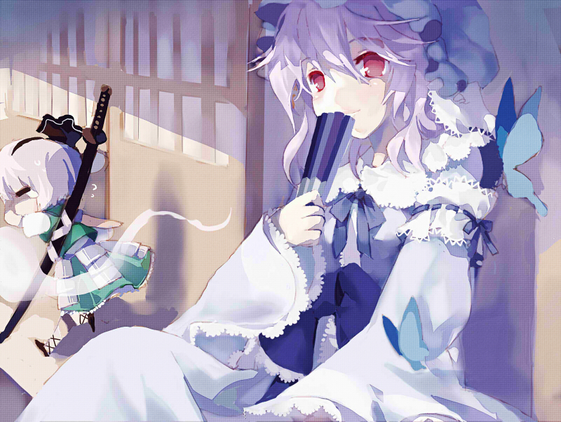 2girls, armor, closed_eyes, hand_fan, female_focus, hair_ribbon, hairband, hat