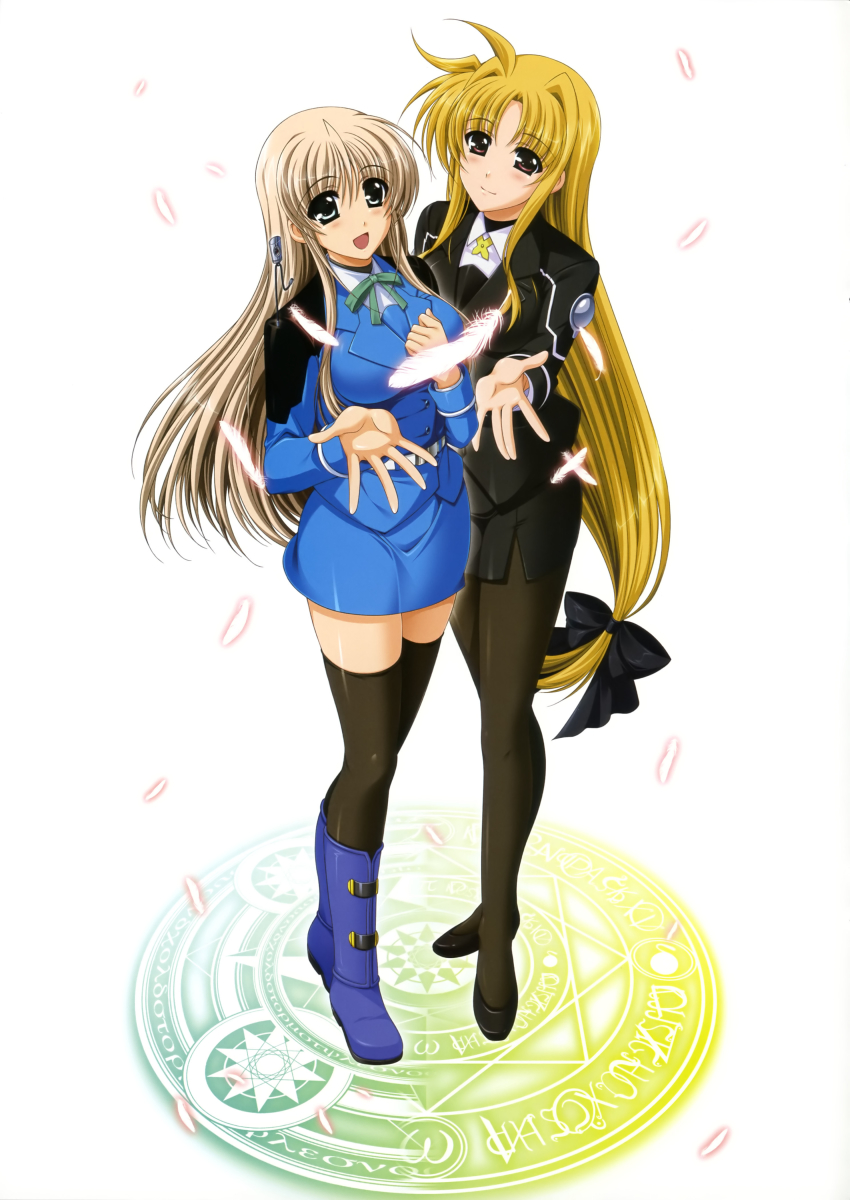 2girls, :d, absurdres, black_legwear, blonde_hair, blue_eyes, blush, brown_hair