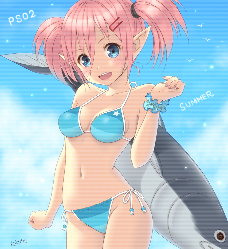 1girl, bikini, bird, blue_bikini, blue_eyes, blue_sky, blush, breasts, breasts_apart, clenched_hands, cloud, cloudy_sky, copyright_name, cowboy_shot, day, female_focus, finger_gun, fingernails, fish, hair_between_eyes, hair_ornament, hairclip, light_particles, long_fingernails, looking_at_viewer, medium_breasts, miriry, navel, newman, open_mouth, outdoors, phantasy_star, phantasy_star_online_2, pink_hair, pointy_ears, scanlines, scrunchie, seagull, short_hair, short_twintails, side-tie_bikini_bottom, signature, sky, smile, solo, space_tuna, standing, star_(symbol), star_print, string_bikini, striped_bikini, striped_clothes, summer, swimsuit, tear_(pso2), tuna, twintails, wrist_scrunchie, wristband