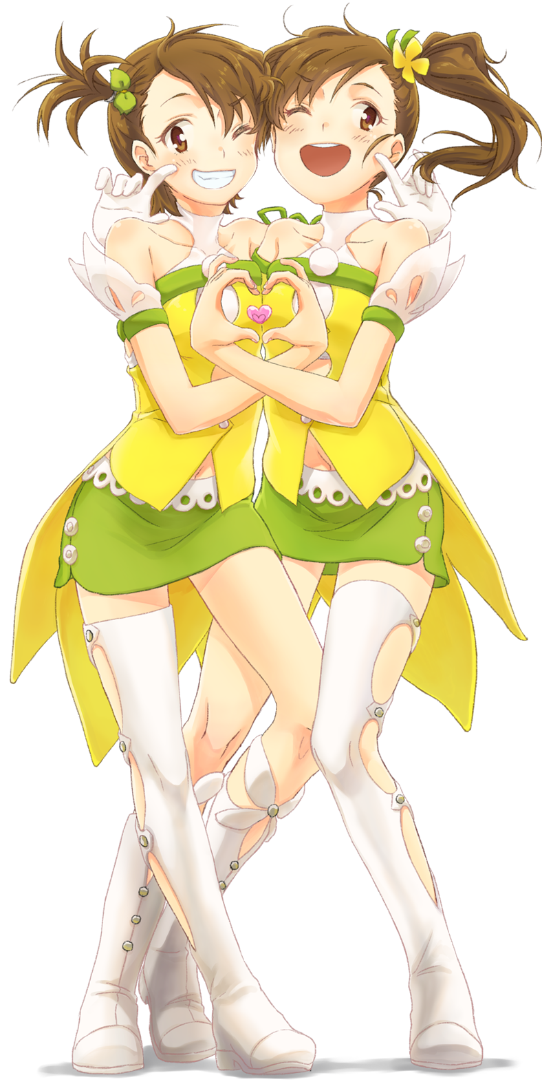 2girls, bad_id, bad_pixiv_id, brown_eyes, brown_hair, futami_ami, futami_mami, heart