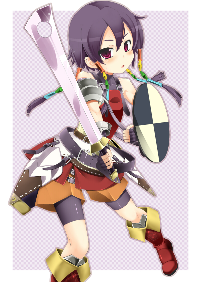 1boy, aitanikofu, armor, atlus, bare_shoulders, belt, bike_shorts, boots, braid, etrian_odyssey, fighting_stance, fingerless_gloves, gloves, hair_ornament, open_mouth, purple_hair, red_eyes, scabbard, sekaiju_no_meikyuu, sekaiju_no_meikyuu_4, sheath, shield, short_hair, sidelocks, simple_background, skirt, standing, sword, swordsman_(sekaiju_4), trap, weapon