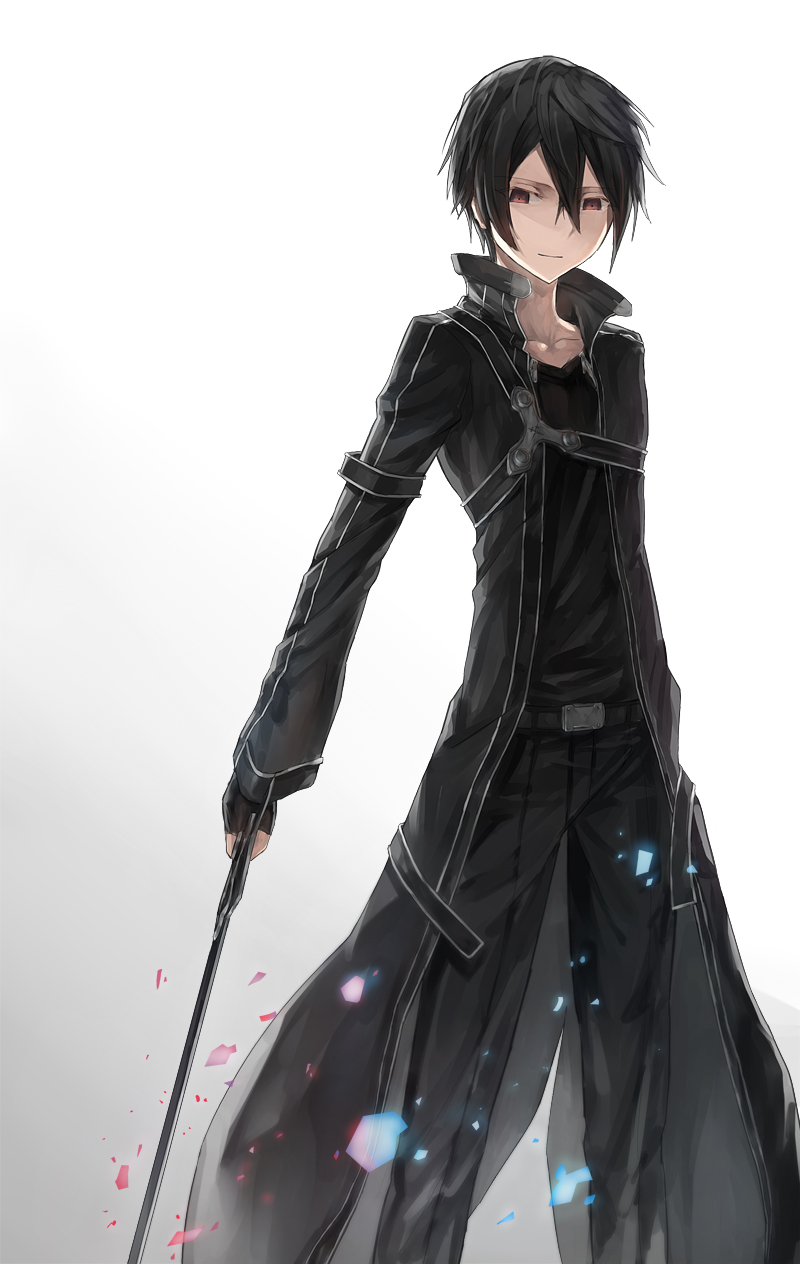 10s, 1boy, black_hair, cloak, coat, digital_dissolve, fingerless_gloves, gloves, grey_eyes, highres, kirito, long_coat, male_focus, red_eyes, short_hair, sky341125290, solo, sword, sword_art_online, weapon