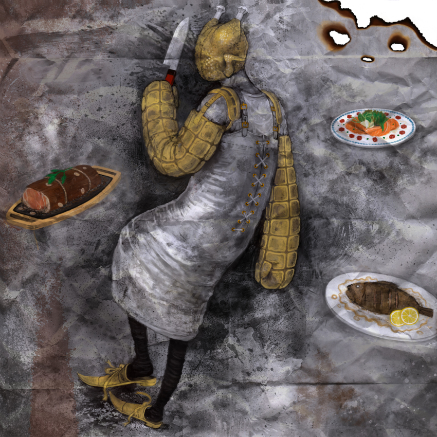 1boy, 8_(eight), apron, buckle, dorohedoro, female_focus, fish, fish_(food), food, from_behind, fruit, highres, kitchen_knife, knife, lemon, male_focus, mask, meat, name_connection, object_namesake, oven_mitts, plate, pointy_shoes, shoes, solo, turkey_(bird), turkey_(dorohedoro), turkey_(food)